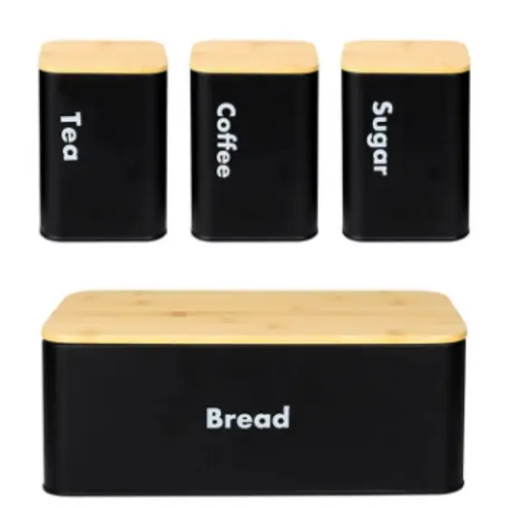 Conjunto Café Premium Porta Pão + 3 Porta Mantimento Coffee Sugar Tea Tampa Bambu