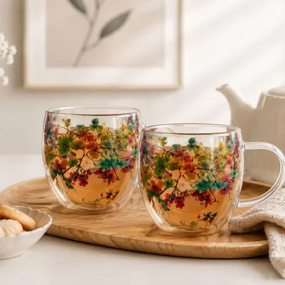 Kit 2 Caneca de Vidro Duplo Floral 200ml Elegante e Delicada 26514 - Vencedor