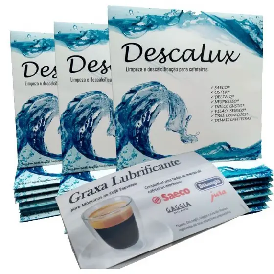 3X Descalcificante + 1X Graxa Limpeza Cafeteira Descalux compatível Saeco Gaggia Jura DeLonghi e outras