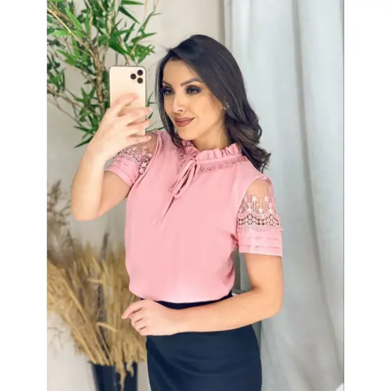 BLMC183 blusa feminina, blusa social tamanho slin e plusize blusa manga curta, elegante