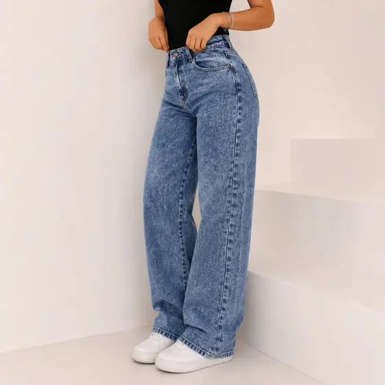 Calça Wide Leg Jeans Feminina Cintura Alta Pantalona Premium
