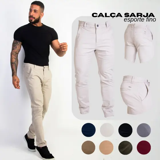 Calça Alfaiataria Masculina Slim Sarja com Elastano Lycra