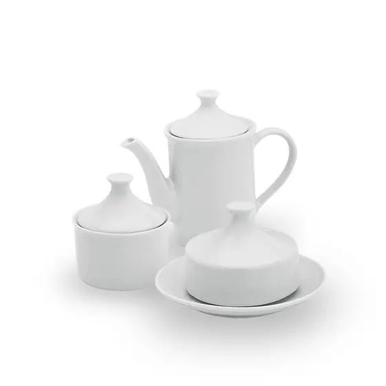 Kit Café Chá com Bule 650ml Açucareiro 250ml e Mateigueira com Tampa 110ml Porcelana Branca Louça