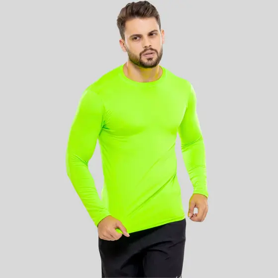 Camisa Camiseta Verde Neon Manga Longa Proteção Uv 50+ Segunda Pele Térmica Lisa