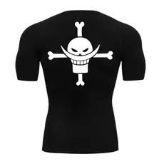 Camiseta Compressão Manga Curta Anime One Piece Caveira Bando Barba Branca Rash Guard