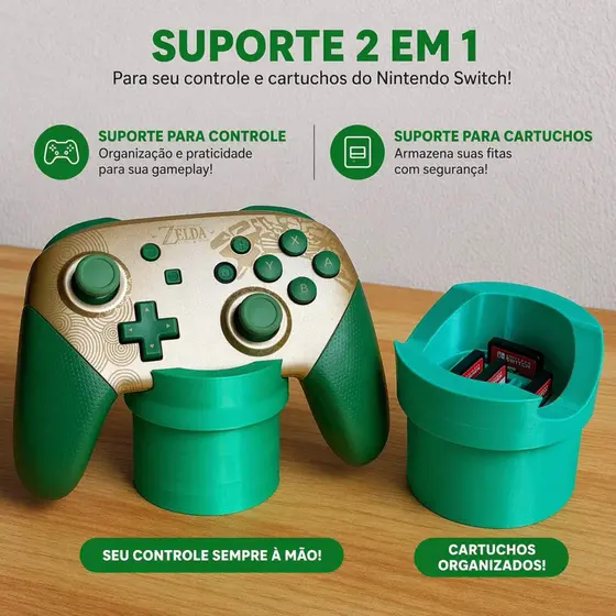 Suporte Nintendo pro controller 1 e 2. + Encaixe cartucho com tema cano jogo Mario Bros