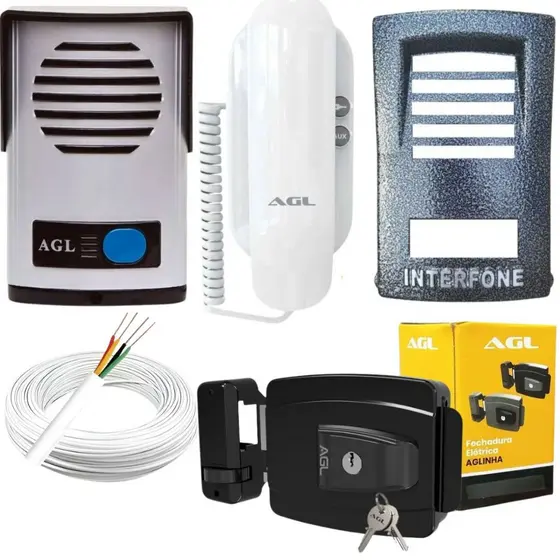 Kit Porteiro Interfone Completo Agl com Protetor + Fechadura Elétrica + 50m de Cabo