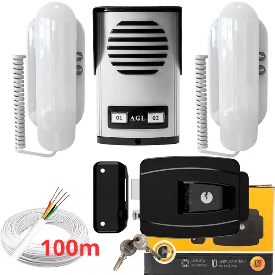 Kit Completo Porteiro Coletivo para 2 Casas Separadas Com Fechadura e 100m Cabo