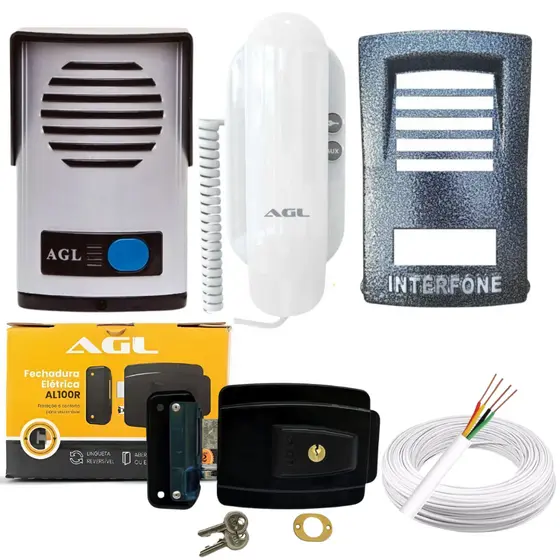 Kit Interfone Porteiro Com Fechadura Abertura Pra Fora e Pra Dentro Com Protetor + 50m Cabo