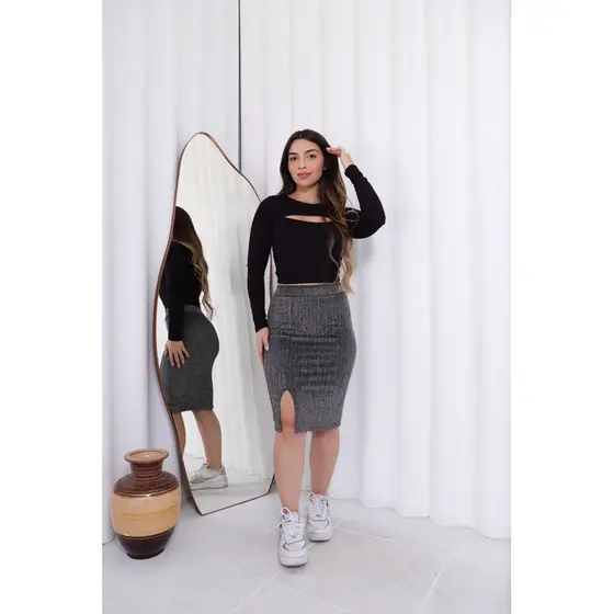 saia mídi lurex , saia com fenda lurex