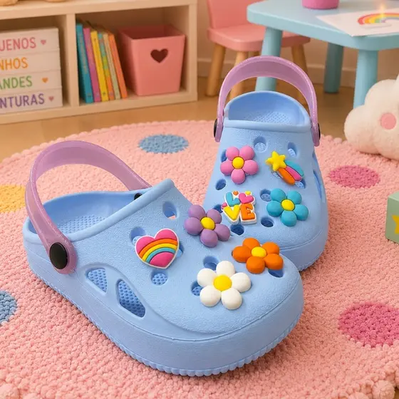 Sandália Infantil Menina Casual Moderna Babuche Injetado Flores Coração Estiloso Papete Escolar Leve Macia Tratorada