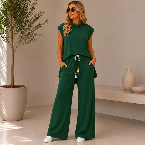Conjunto Feminino Casual Chique Blusa Alongada Com Gola e Pantalona