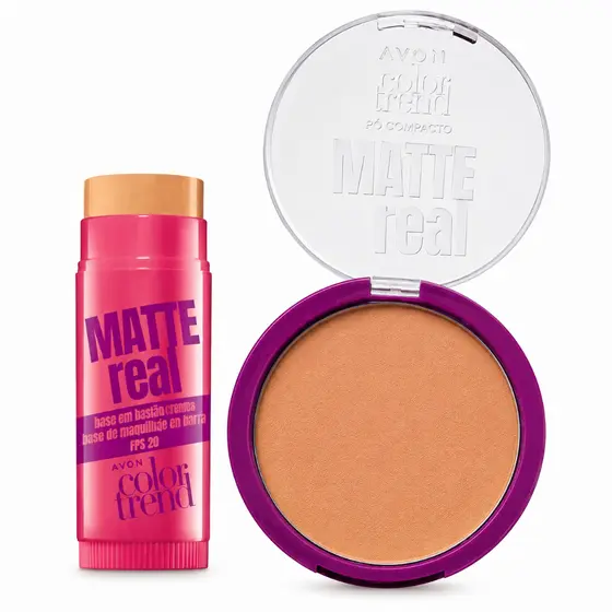 Kit Avon Color Trend Matte Real Base Bastão 6,5g + Pó Compacto Facial 7g Efeito Matte FPS 10