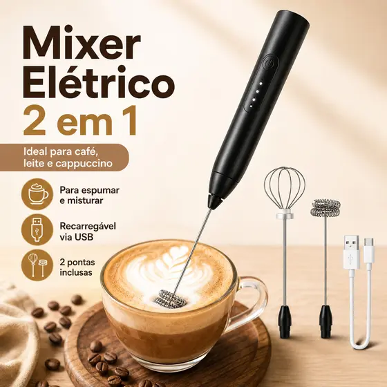 Batedor Misturador Mixer Elétrico para Bebidas Leite Café Clara de Ovo 2 em 1
