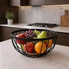 Fruteira de Mesa Rustica de Ferro e Bambu 28 Cm Multiuso Metal Preto Cesto Organizador