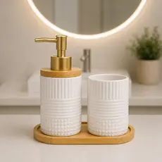 Kit Banheiro Lavabo Completo Porta Sabonete Liquido Dispenser Porta Escova de Dente Cerâmica Luxo