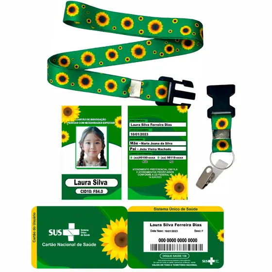 Kit Cordão Crachá e Cartão Sus Girassol Personalizado Deficiências Ocultas Autismo TDAH (ENTREGA RÁPIDO)