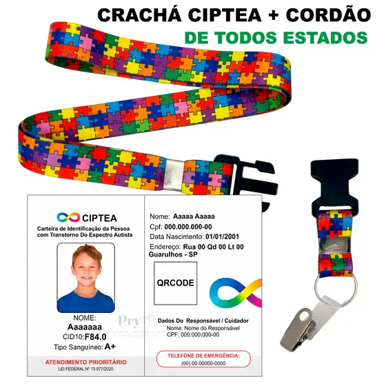 Kit Crachá Autismo CIPTEA (Impressão) + Cordão Autismo ou Girassol Personalizado -TEA Identificação - Crianças e Adultos