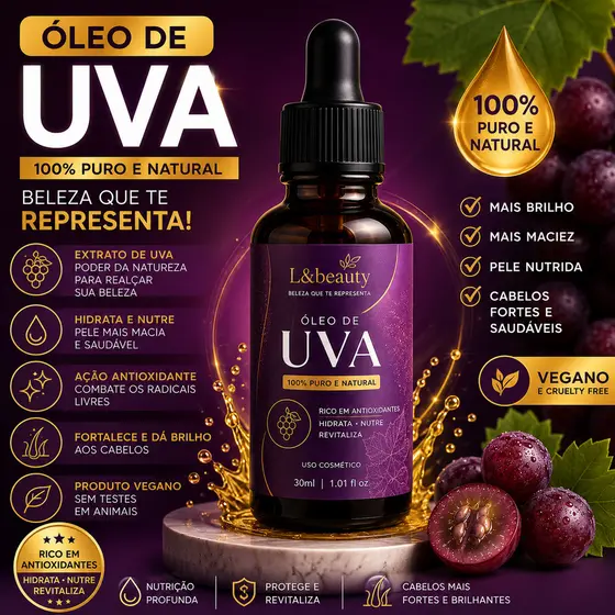 Óleo de Semente de Uva 100% Natural 30ml – Hidratação e Brilho Intenso - L&BEAUTY