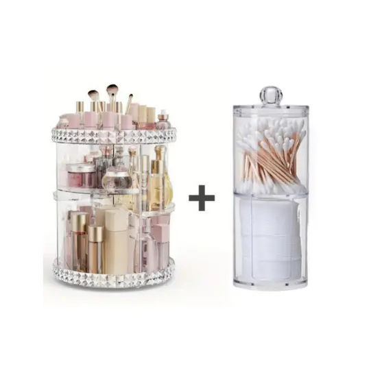 Kit De Organizador De Cosmético Maquiagem Acrílico Giratório 360º + Organizador Acrílico Porta Algodão E Cotonete 2 Em1