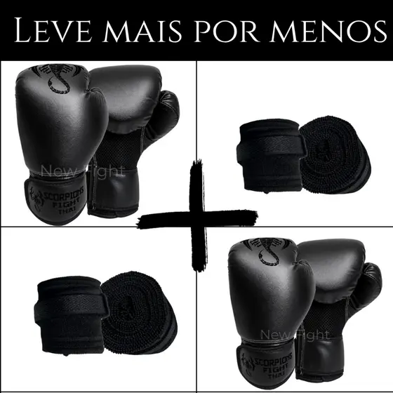 Dois Pares de Luvas Muay Thai Boxe  Kickboxing Treino Sparring Thai e Dois Pares de Bandagens 3 metros