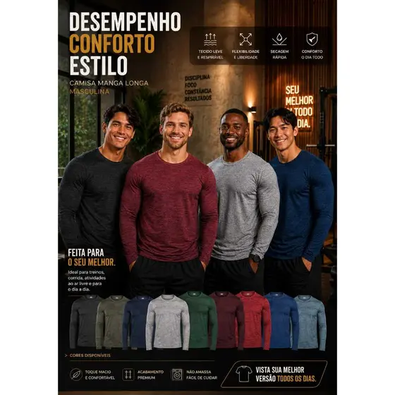 Kit 5 Camisetas MANGA LONGA MESCLADA, Uso Casual e Esportivo.