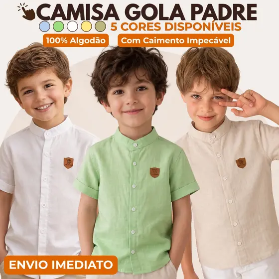 Camisa Social Infantil Menino Gola Padre 100% Algodão Leve Casual Verão Masculina