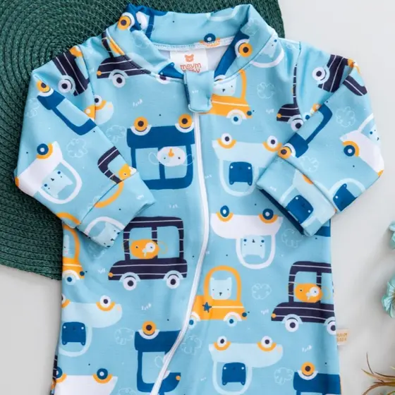 Macacão Térmico Infantil Bebê Azul Estampado Carrinhos com Zíper Menino