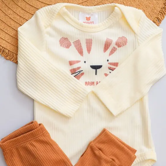 Conjunto Body Bebê Pagão Canelado Longo Tigrinho