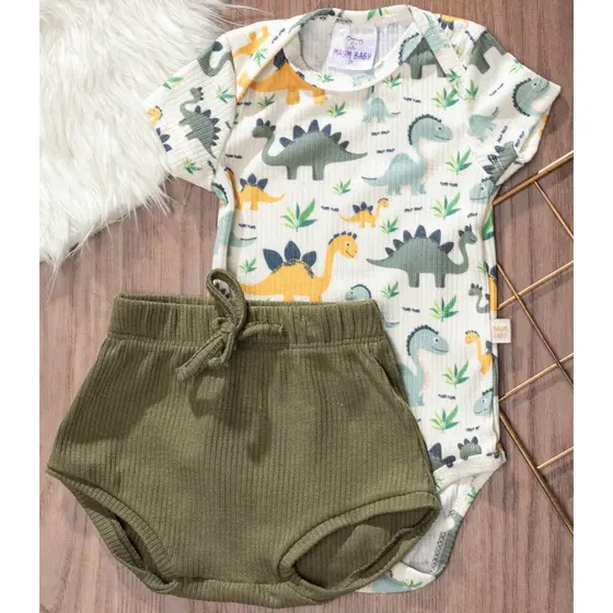 Conjunto Bebê Verão Body Dino Verde e Tapa Fralda Verde