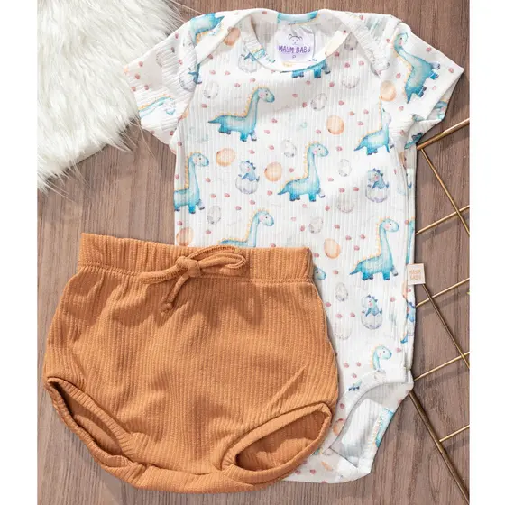 Conjunto Bebê Verão Body Dino Azul e Tapa Fralda Avelã