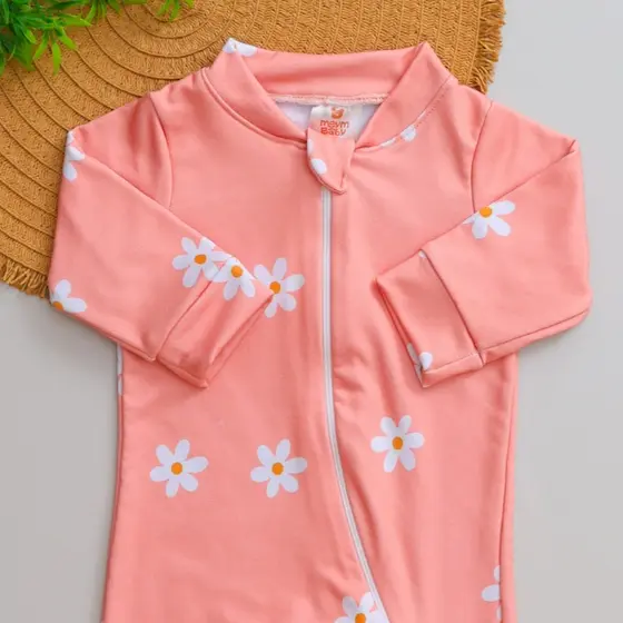 Macacão Bebê Longo Infantil Térmico Rosa Estampado Flores Menina com Zíper