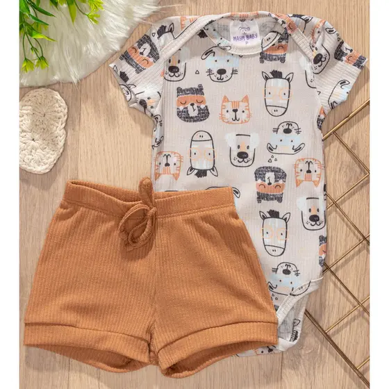 Conjunto Bebê Verão Body Bichinhos e Bermuda Marrom