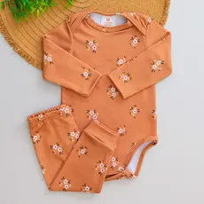 Conjunto Térmico Bebê Infantil Pagão Flores Marrom Quentinho Inverno Menina