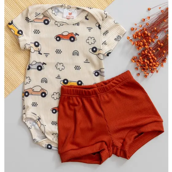 Conjunto Bebê Verão Body Estampado Carrinho e Short Telha