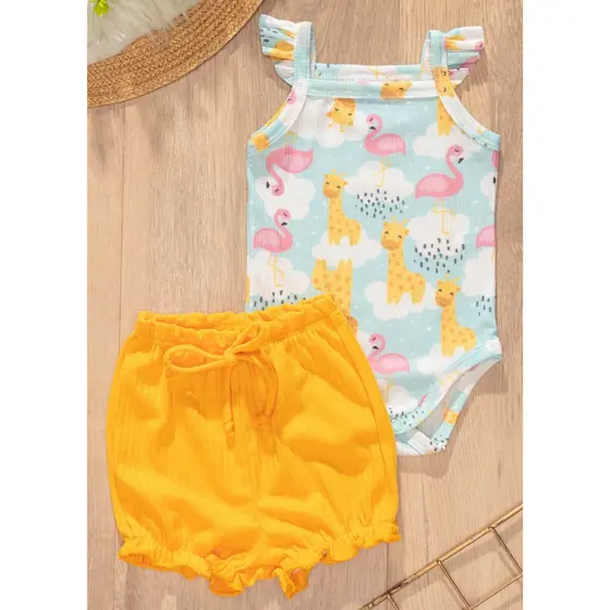Conjunto Bebê Canelado Body Flamingo e Bombachinha Amarelo