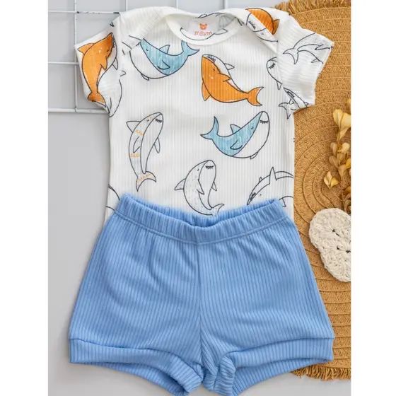 Conjunto Bebê Verão Body Estampado Tubarão e Short Azul