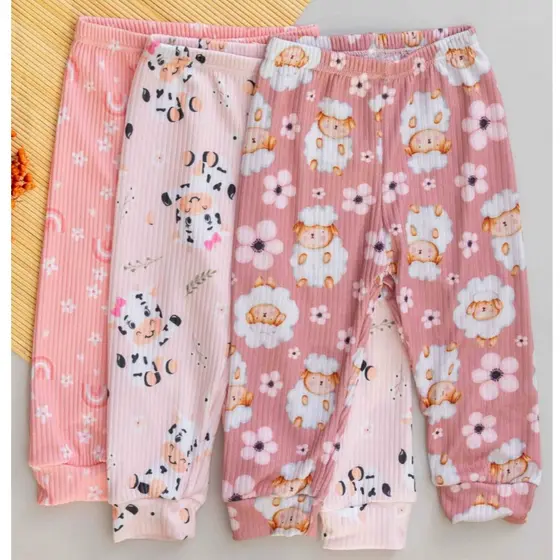Kit 3 Calças Bebê Femininas Canelada Estampada