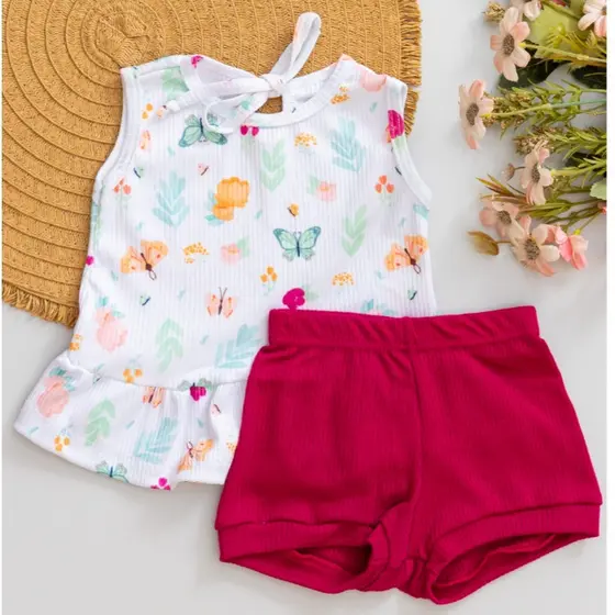 Conjunto Bebê Verão Regata Estampa Borboleta e Short Pink