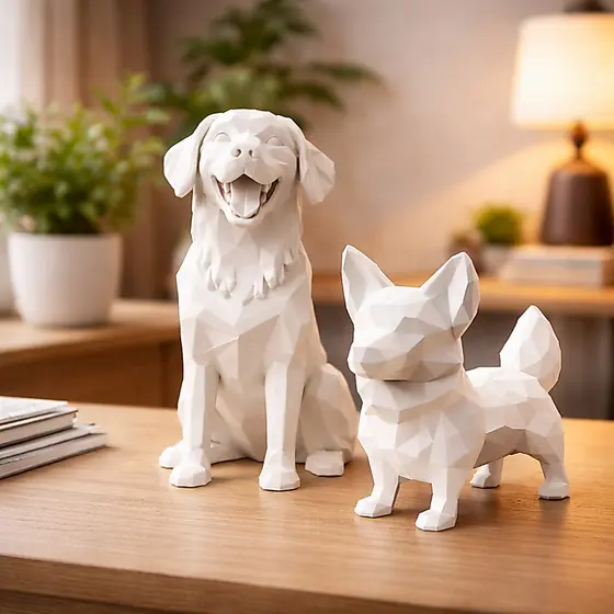 Kit 2 Esculturas Cachorro Geométrico Decoração Moderna Sala Quarto Escritório Preto Branco