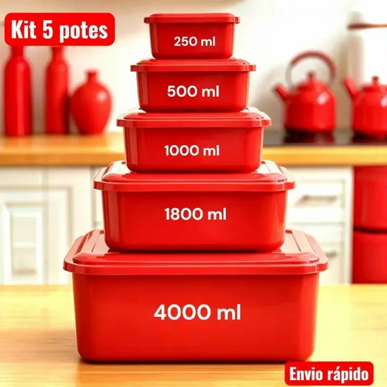 kit Retangular com 5 potes de plástico com  vasilhas,bacia Empilhável,tapoer,freezer,bpa livre hermético