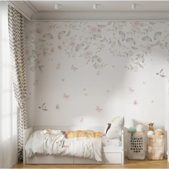 Papel de Parede Infantil Menina Jardim Encantado Borboletas e Pássaros Aquarela Autoadesivo Lavável