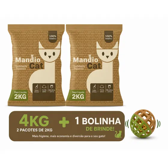 Areia de Gato Mandiocat Biodegradável 100% Mandioca Grão Fino Sem Cheiro Alta Absorção 2kg ou 4kg
