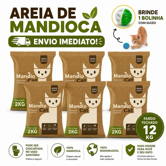 Areia de Gato MandioCat Biodegradável 100% Mandioca – Grãos Finos Com Petisco e Brinquedo MAIS BARATA Areia de Gato FULL