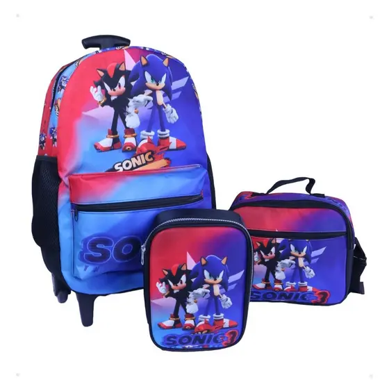 Kit Mochila Rodinha Lancheira + Estojo Box 100 Pens Sonic 3 Volta as Aulas