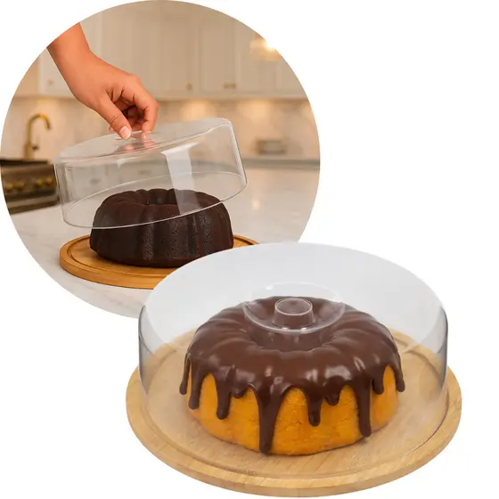 Boleira Bambu Com Tampa Em Acrílico Porta Bolo Para Bolo Torta Pudim Queijo 28cm