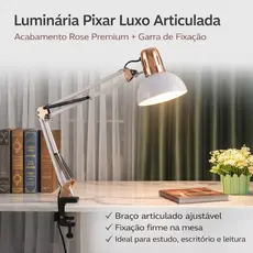 Luminária Pixar Luxo Articulada com Garra Acabamento Rose Gold Premium para Mesa Escritório Decoração Braco Articulado