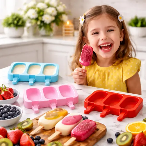 Forma de Picolé Silicone 3 Cavidades + 50 Palitos | Sorvete Caseiro Fácil e Prático