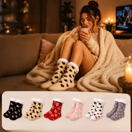Meia Grossa Lã Aveludada Térmica Flanelada AntiDerrapante Inverno tamanho único Feminino Infantil