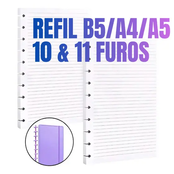 Kits A4/B5/A5 Refil de Folhas com 11 10 Furos de Discos Pautadas para Caderno Universitário